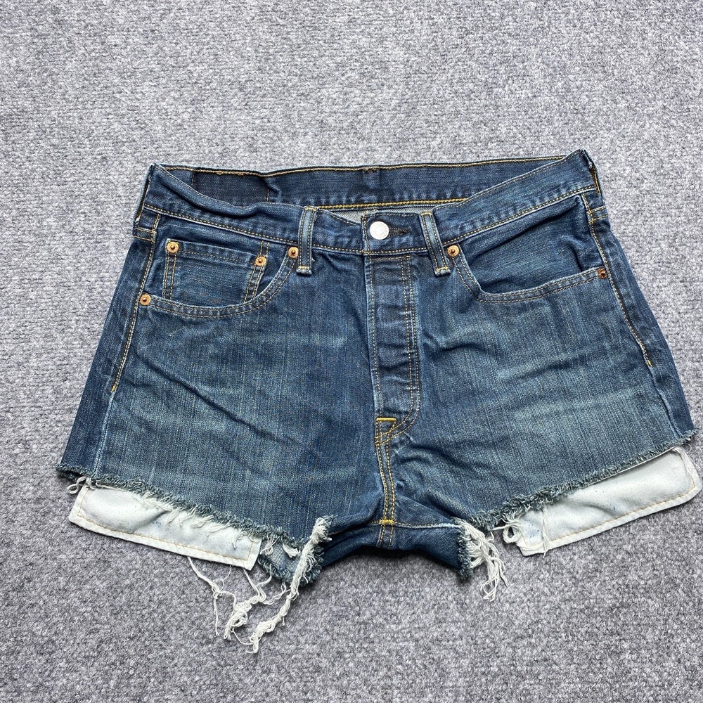 Levis 501 Shorts Women 31 Blue Cut Off Button Fly Booty Biker Daisy Duke Raw Hem